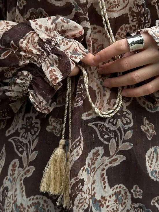 Coffee Brown Boho Women's Cashew Flower Print Shirt - Picture 6 of 8